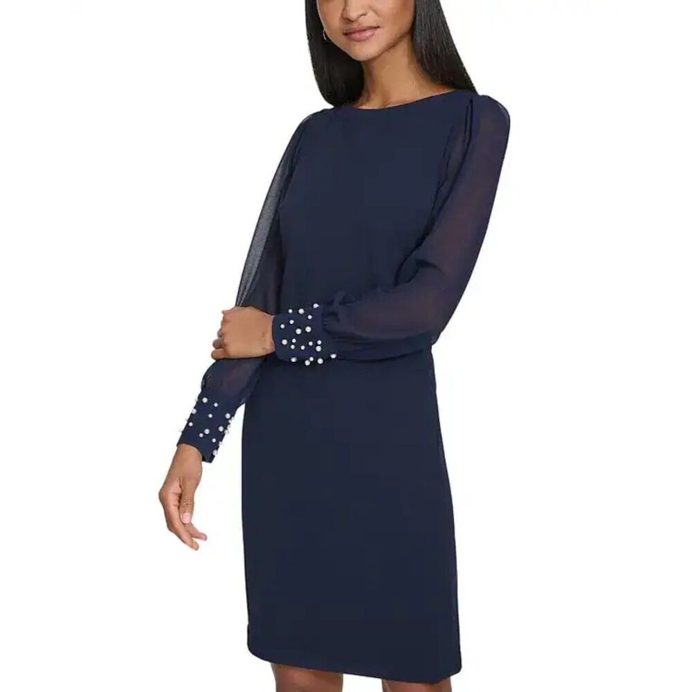 Karl Lagerfeld Paris Scuba Crepe Sheath Dress 14 Navy Pearl Cuff Chiffon Sleeve - Picture 1 of 12